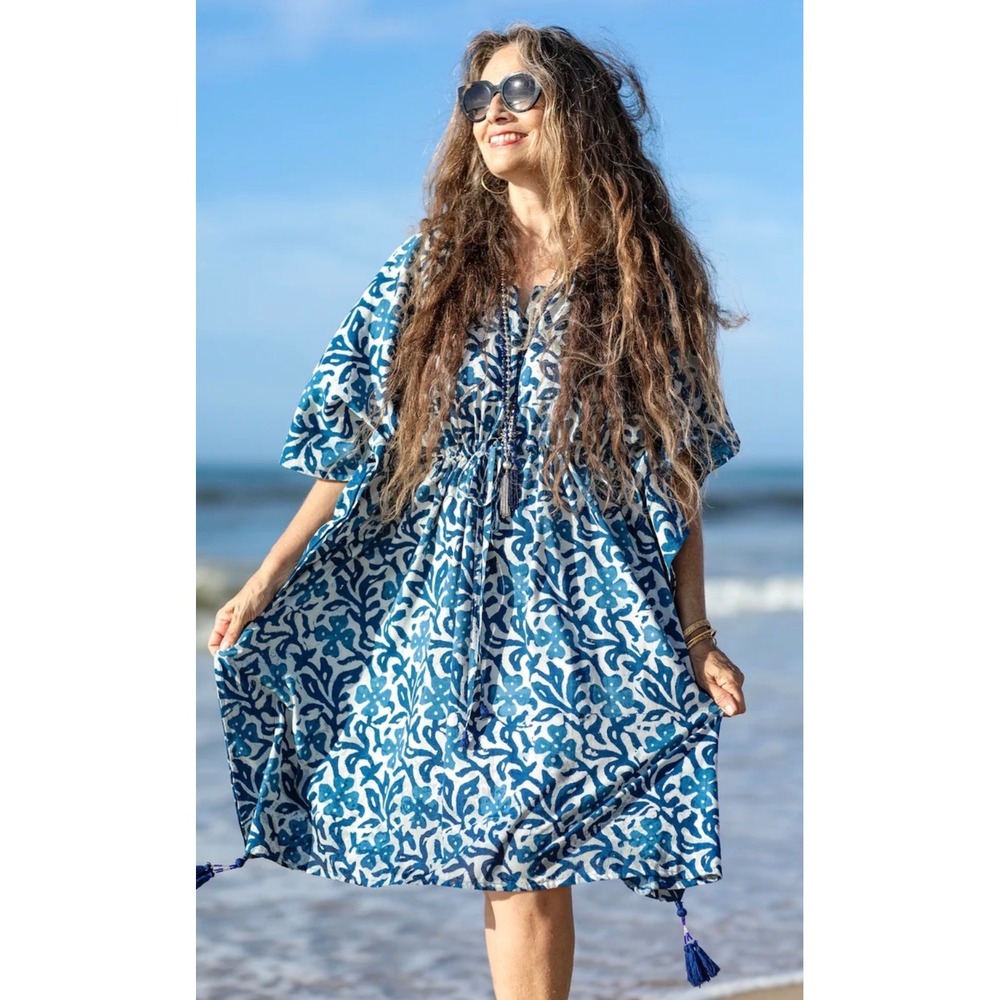 Pax Philomena Midi Cotton Kaftan Dress OS Isadora Blue White Floral Block Print